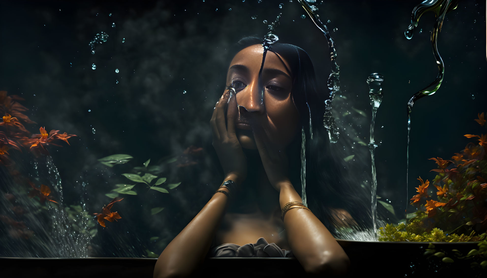 Woman Submerged in Water Surrounded by Orange Flowers