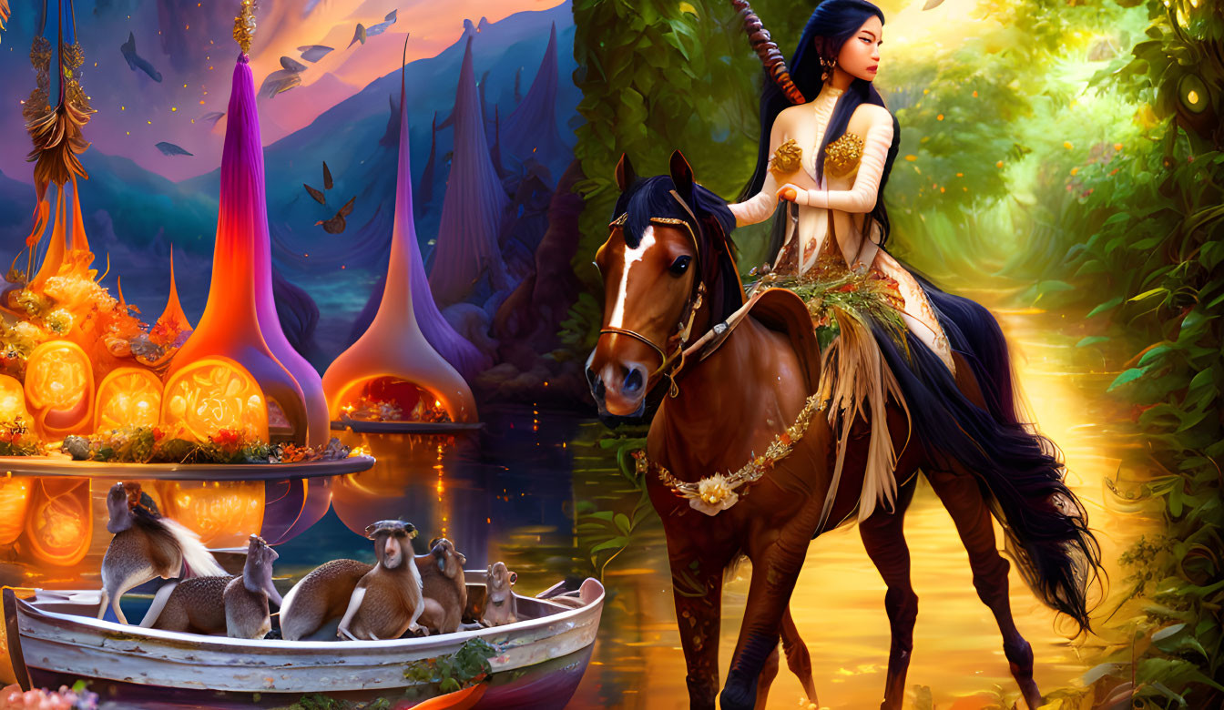 Fantasy scene with woman on horse, meerkats in boat, luminous pumpkins, and