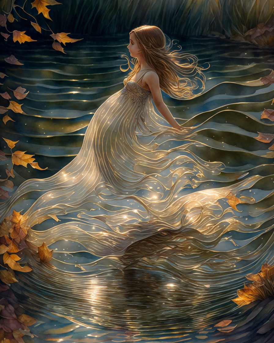 Woman in Shimmering Dress Surrounded by Autumn Leaves and Water