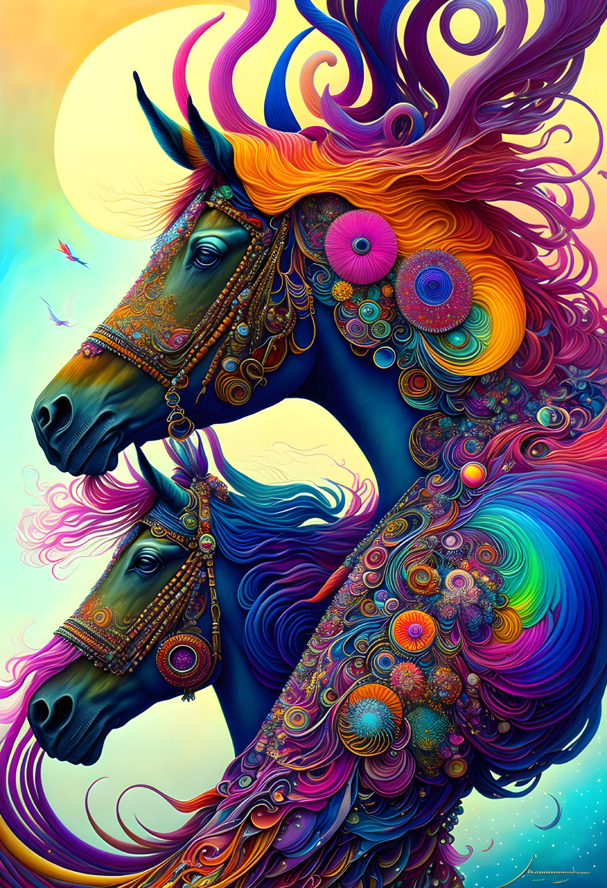 Colorful Digital Artwork: Stylized Horses with Multicolored Manes