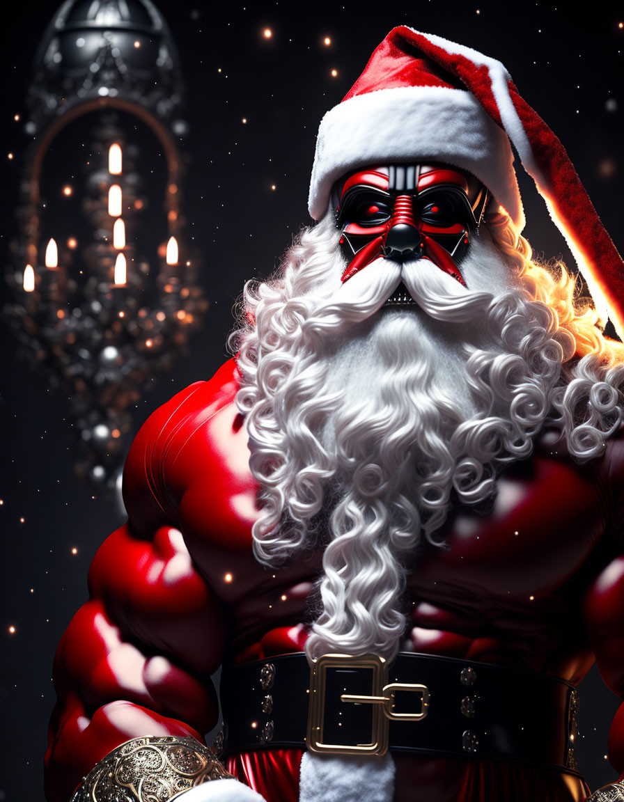 Muscular Santa Claus in red suit against dark background