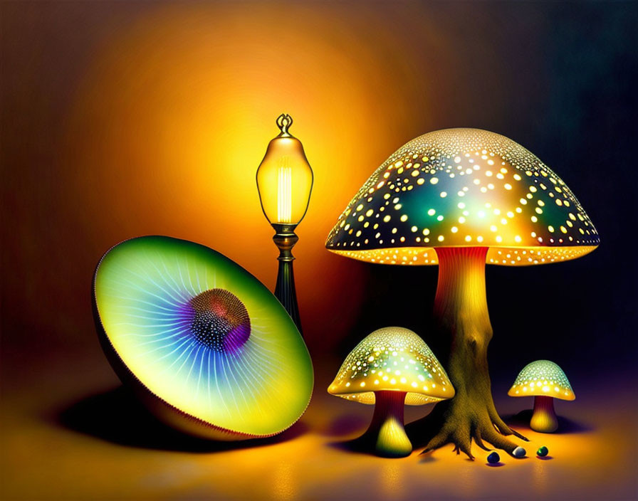 Colorful digital artwork: luminescent mushrooms, kiwi slice, lantern glow.