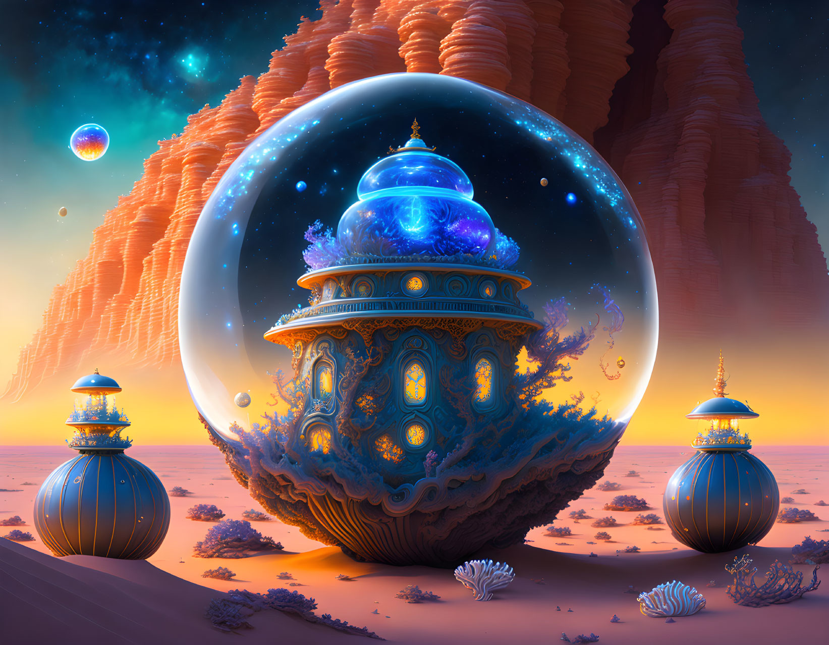 Surreal landscape with ornate dome-topped buildings in transparent spheres