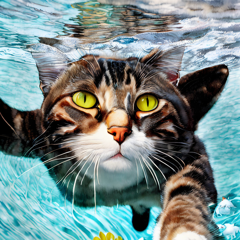 Cat's face with yellow eyes in water with ripples and light patterns