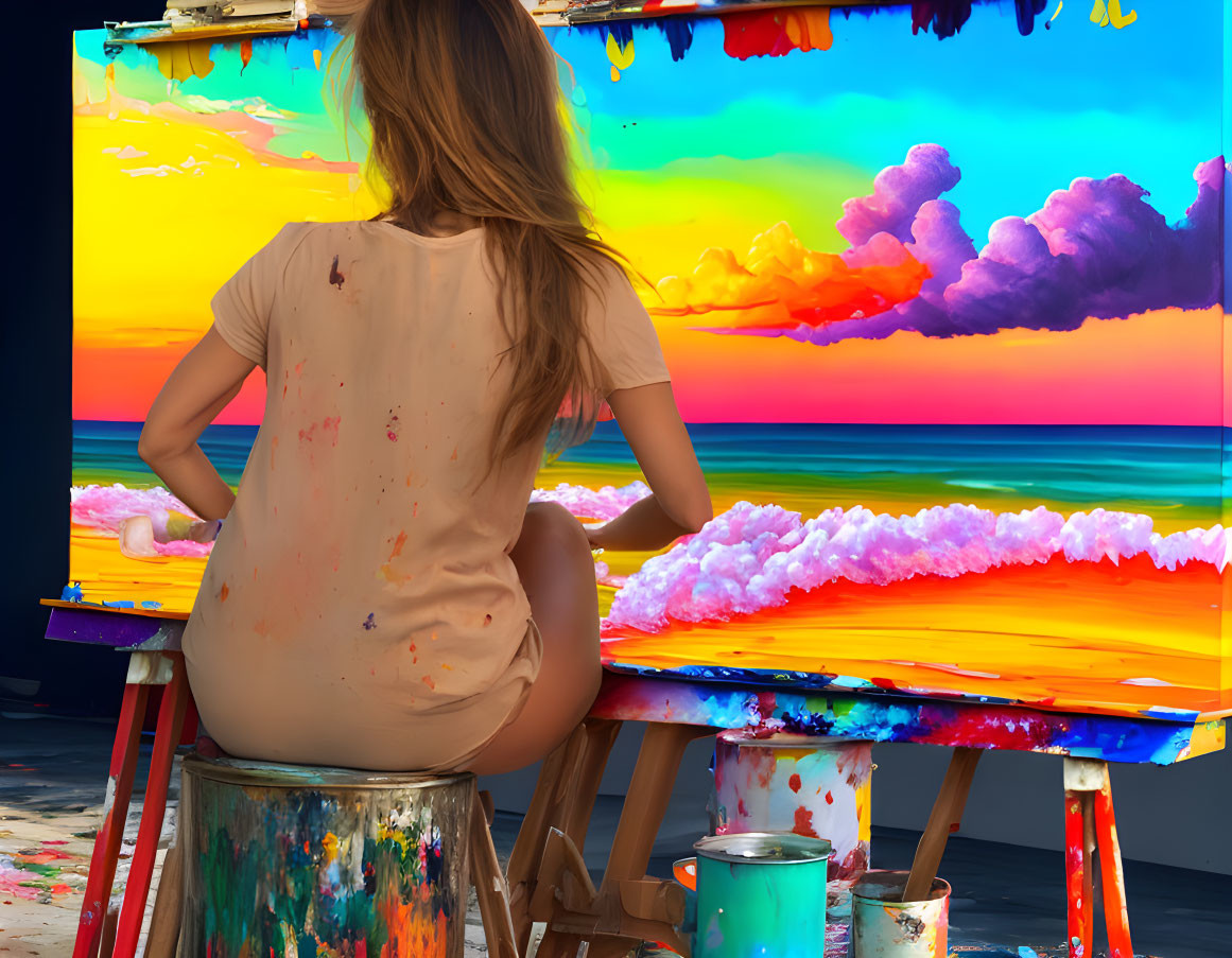 Vibrant sunset ocean painting with paint splatters and person sitting.