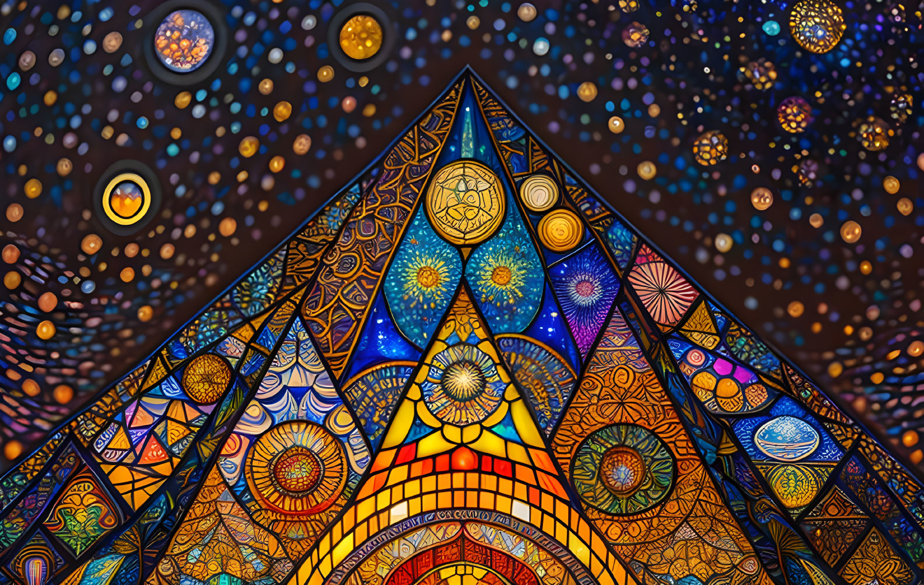 Colorful Cosmic Triangle Artwork with Celestial Patterns and Glowing Eye Center