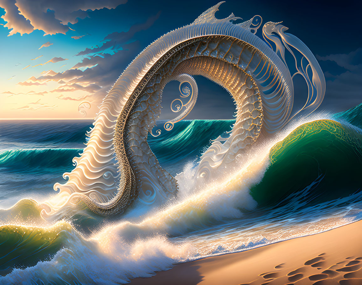 Stylized wave with intricate sea creature patterns on vivid beach