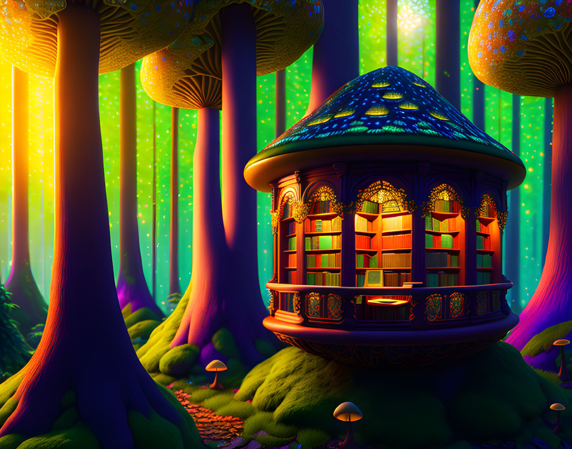 Whimsical library in mushroom with glowing trees