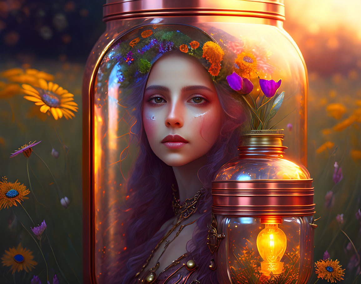 Surreal portrait of woman in glass jar with floral crown and lit bulb