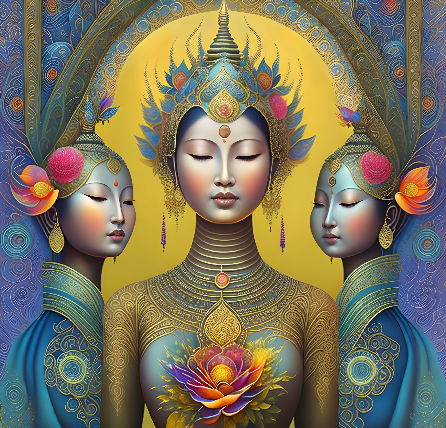 Three Figures with Eastern-Inspired Jewelry on Intricate Background