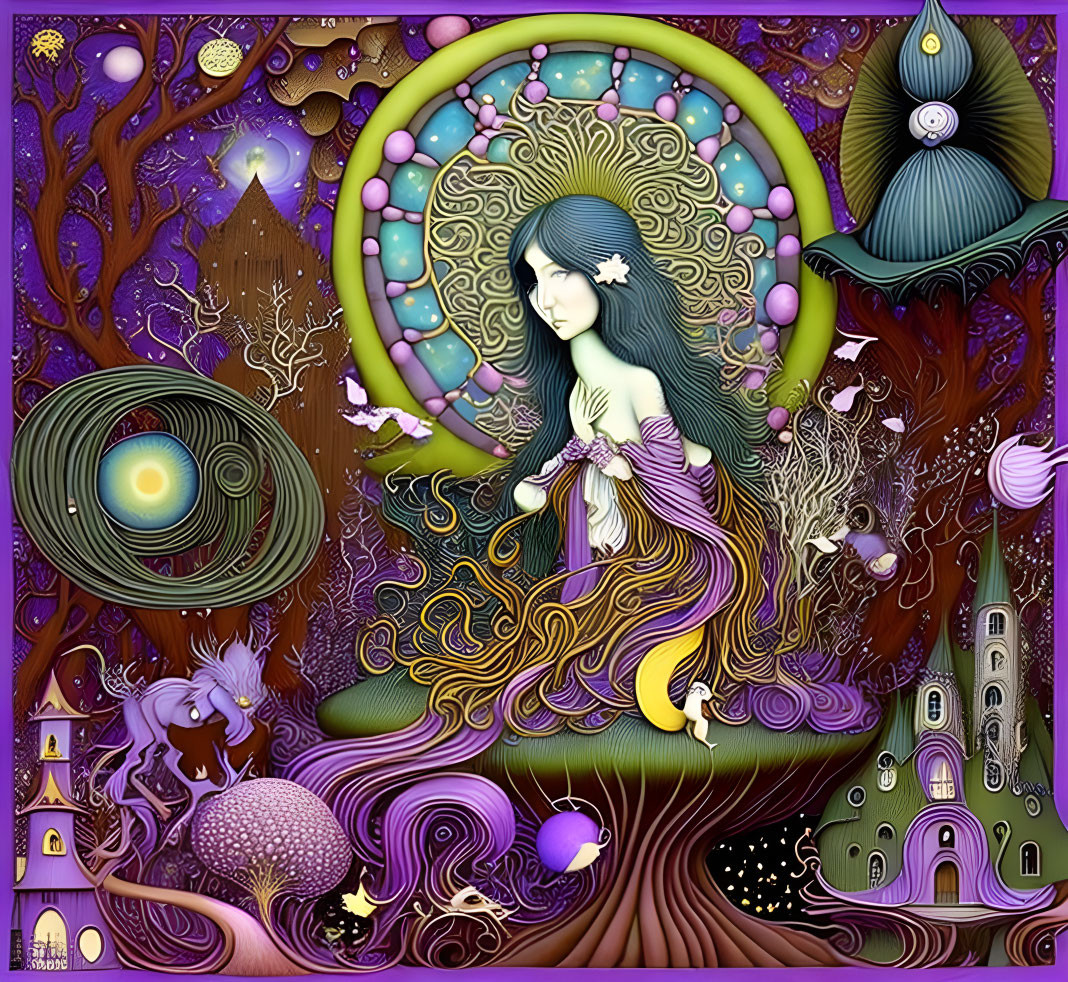 Colorful digital artwork of a woman in mystical fantasy landscape