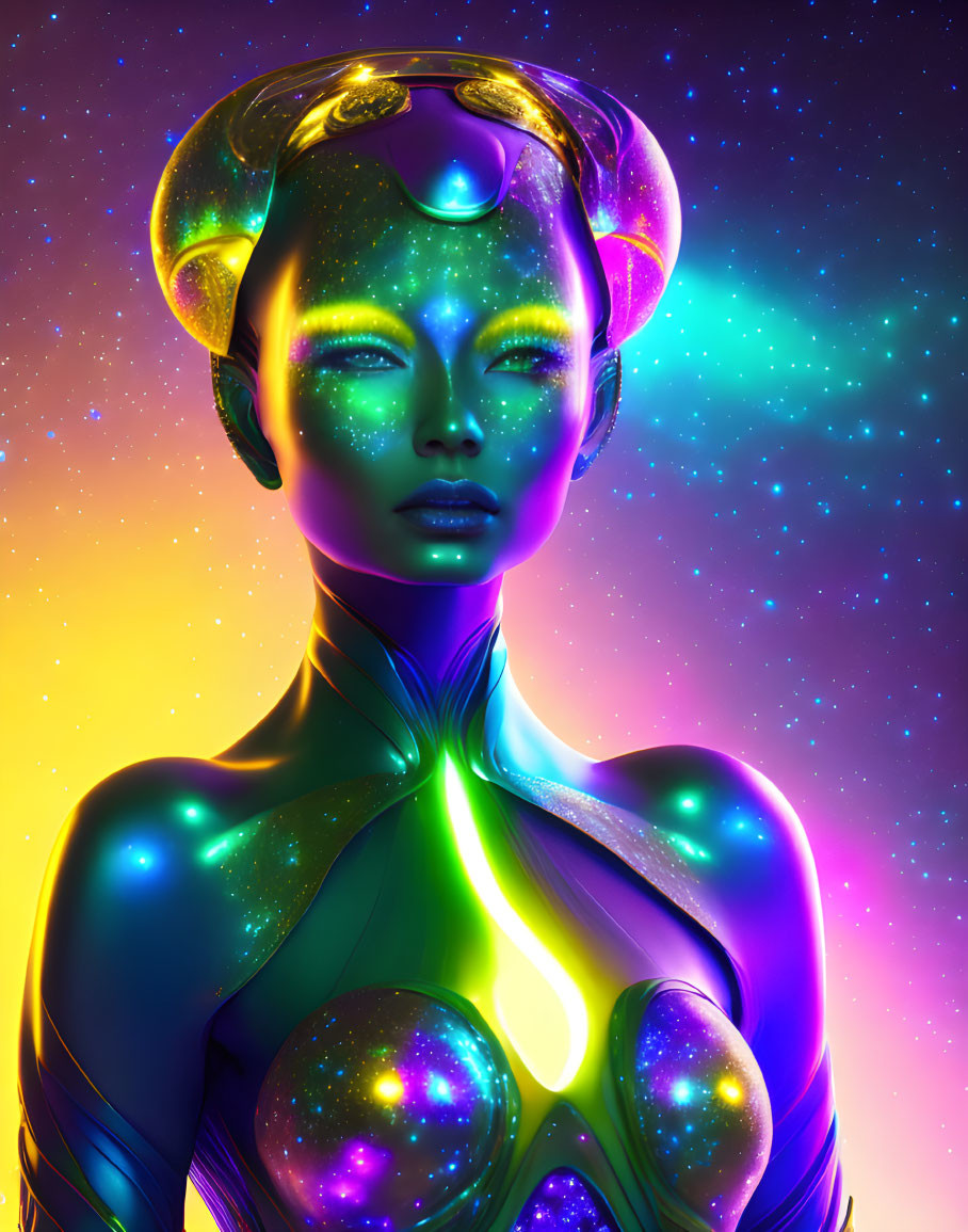 Digital artwork: Female figure with starry night sky skin and cosmic patterns