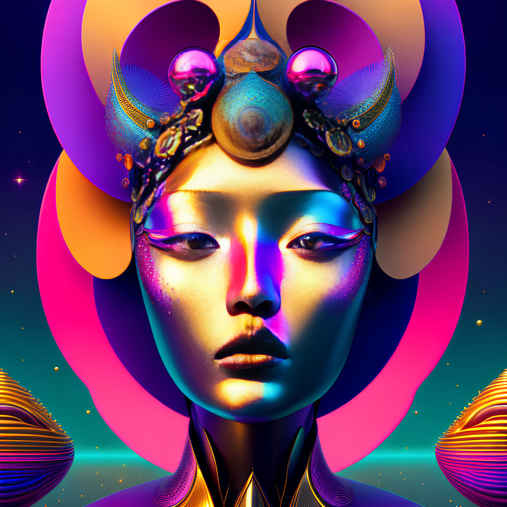 Colorful digital artwork: Female figure with iridescent face and cosmic background.