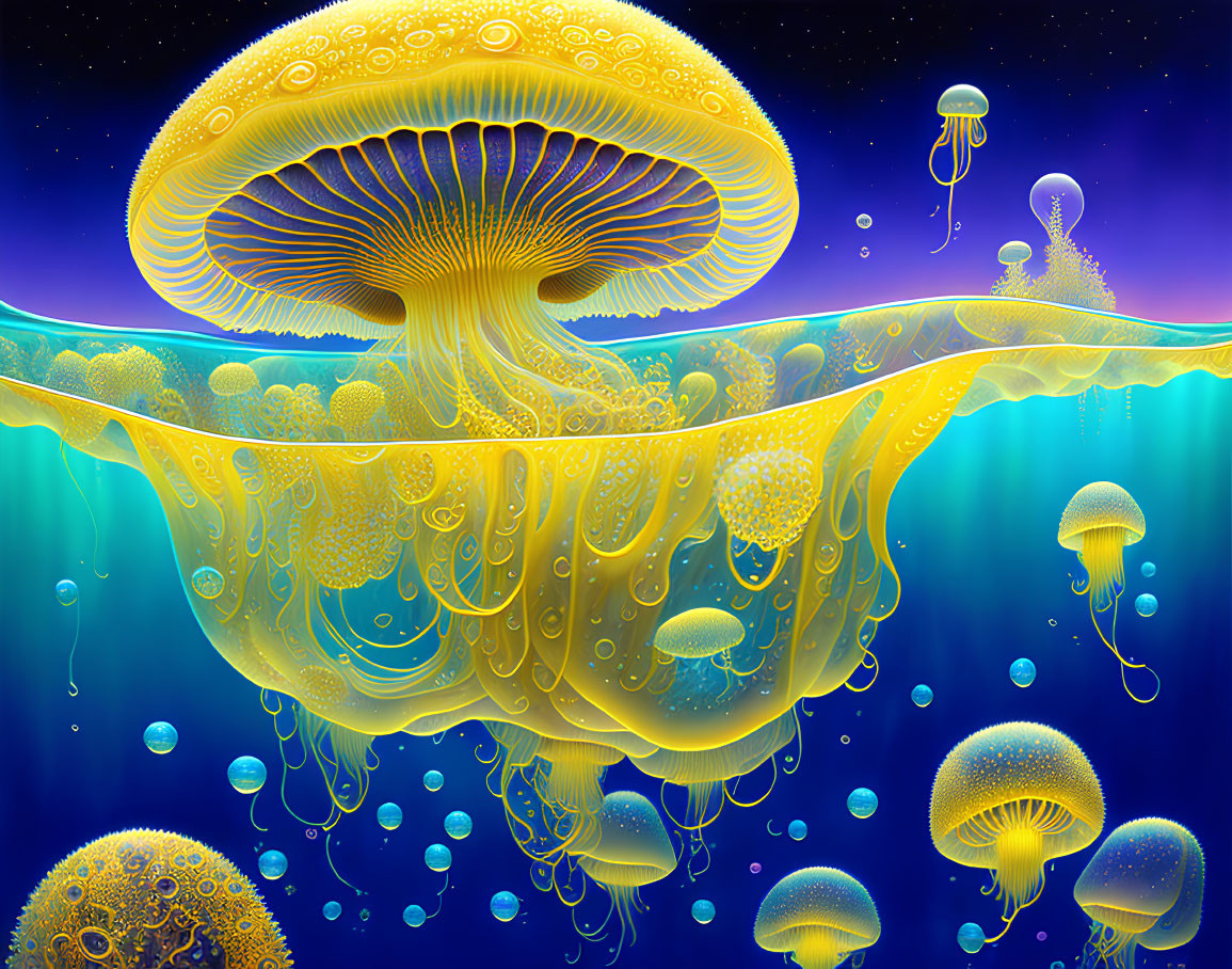 Surreal underwater scene with giant golden jellyfish in deep blue ocean