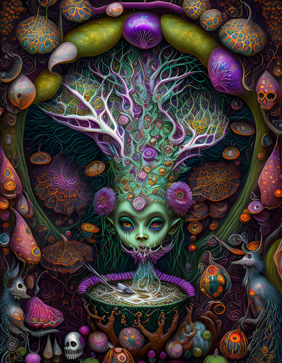 Alien figure with tree-like head in vibrant digital painting