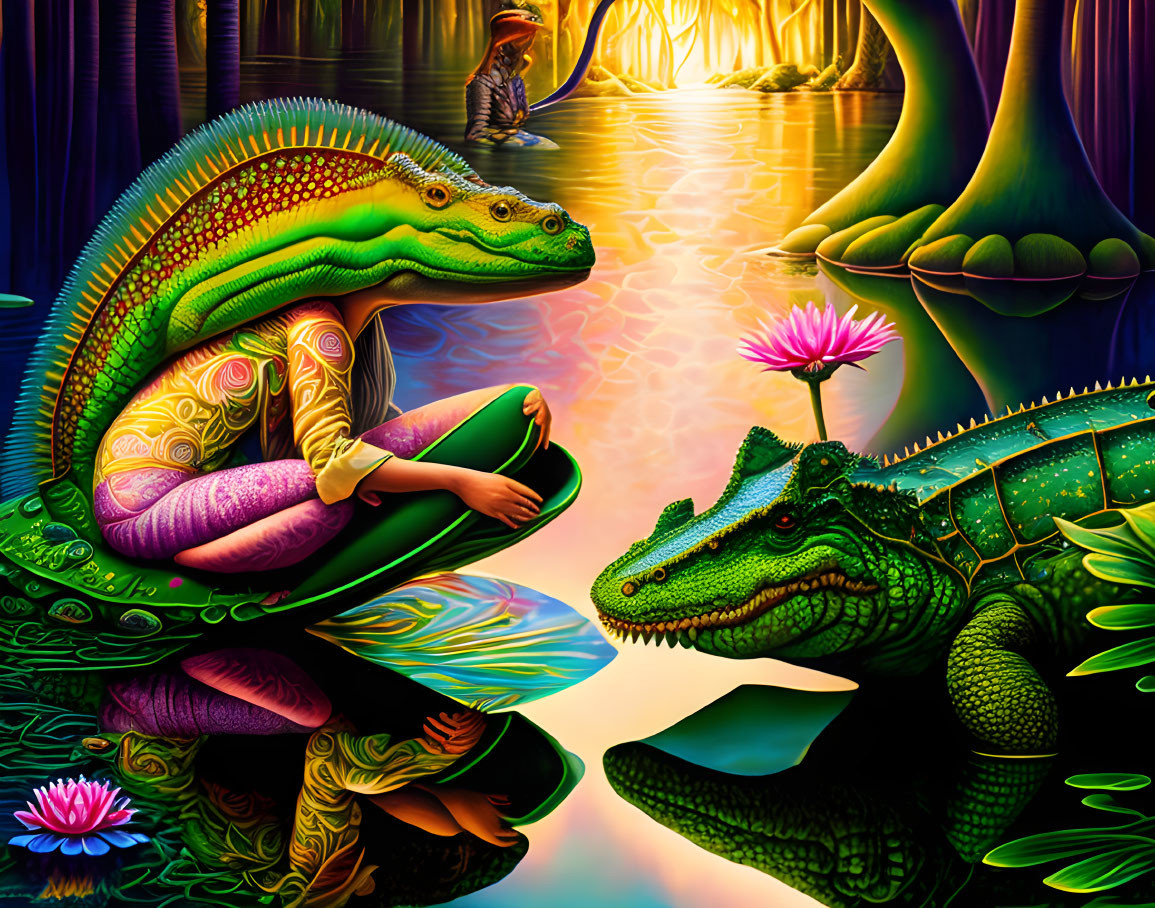 Colorful Human-Reptile Hybrid Artwork by Water with Forest Background