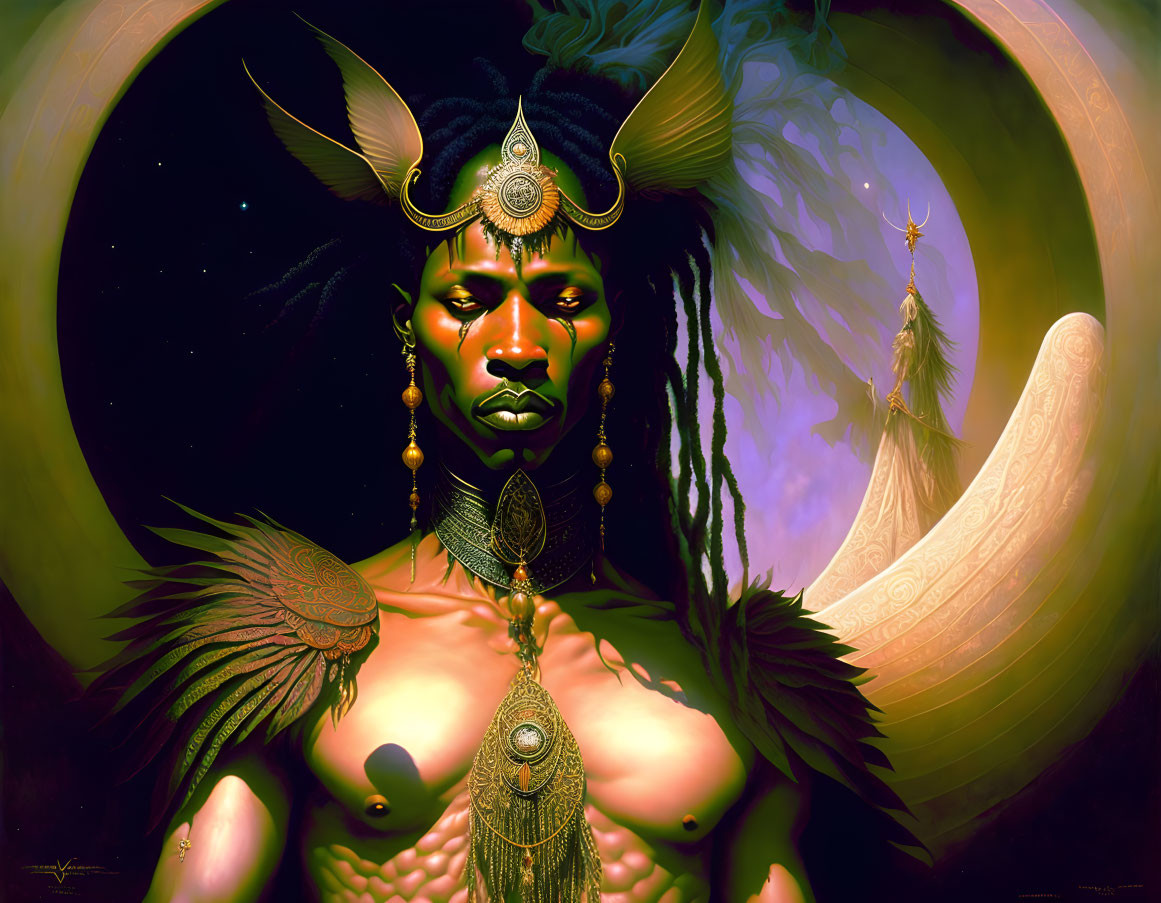 Regal figure with horned headgear in mystical digital artwork