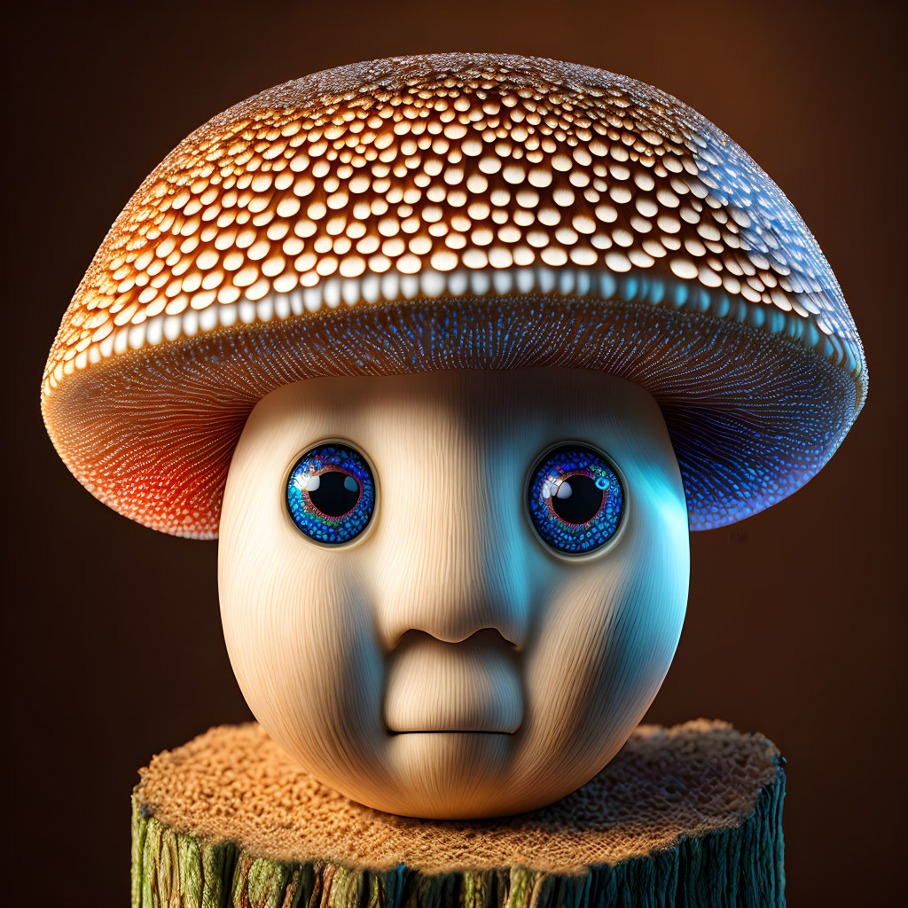 Whimsical 3D character with mushroom hat on tree stump