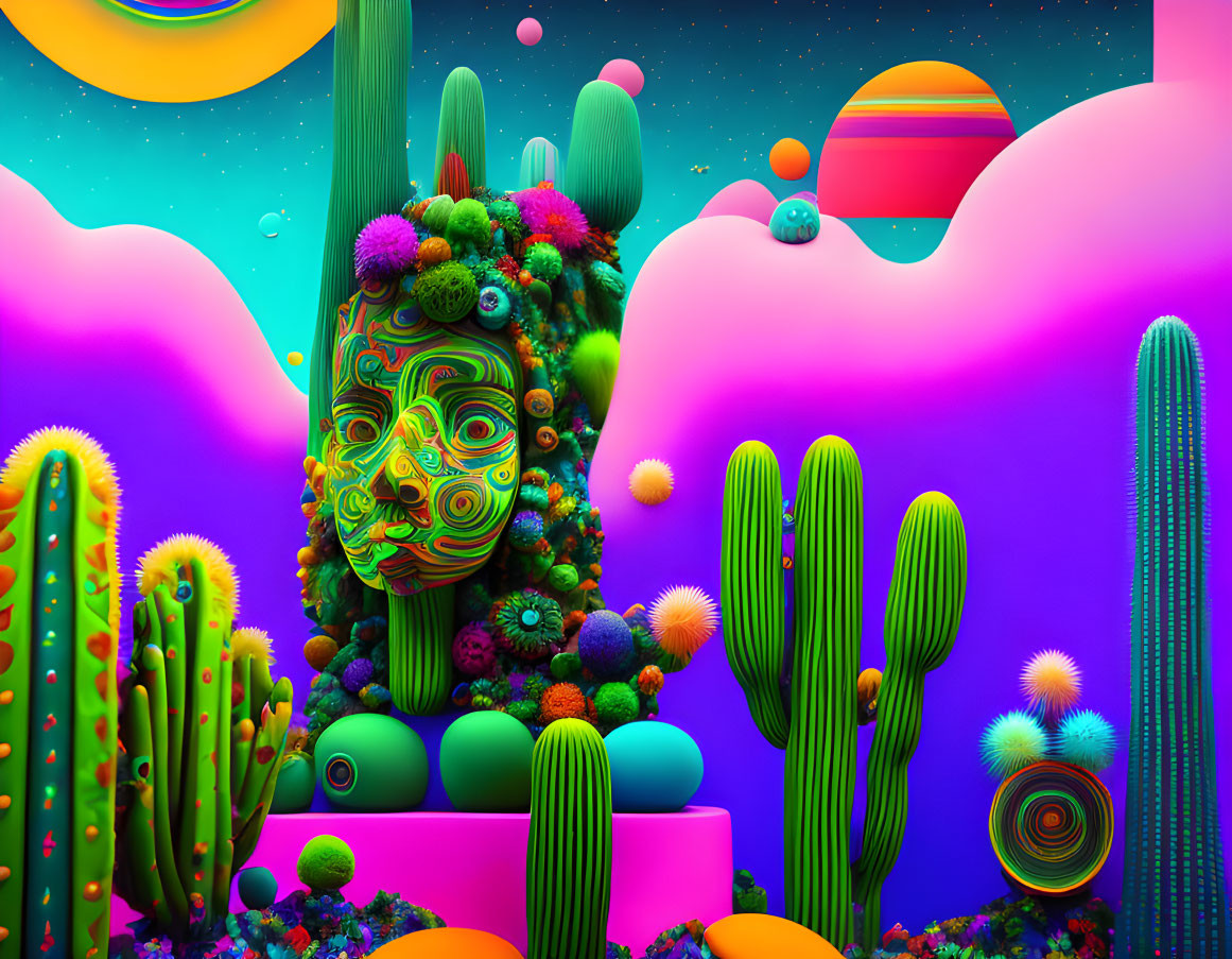 Psychedelic digital art: Cacti, mask structure, cosmic sky, planets