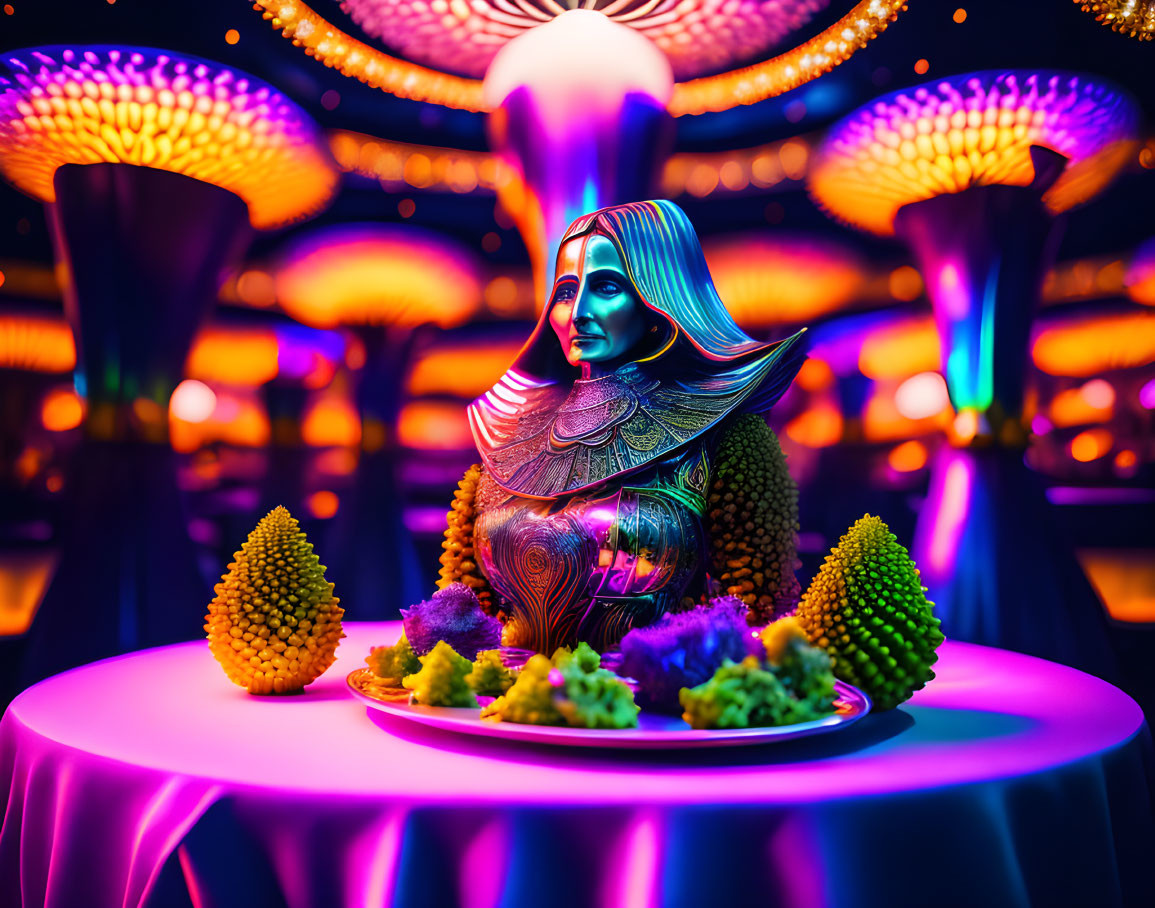 Futuristic metallic bust surrounded by colorful sculptures