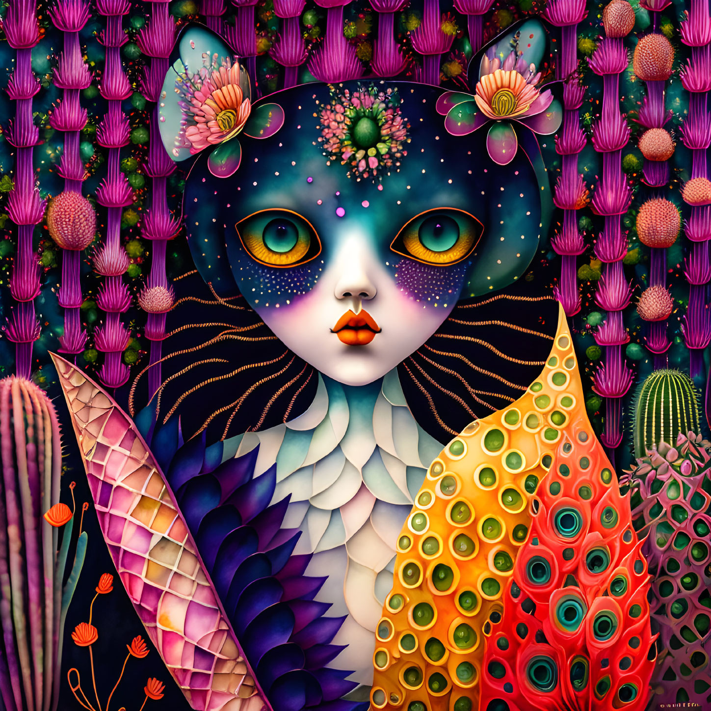 Colorful anthropomorphic feline with starry blue face and butterfly wings in whimsical flora