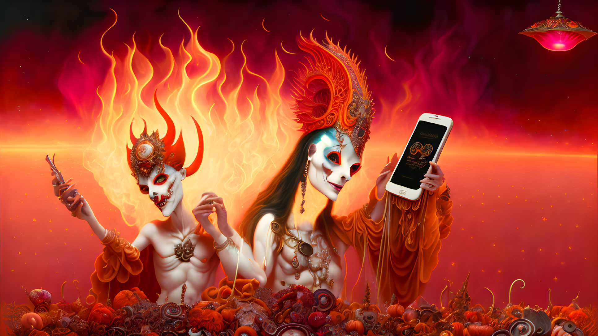 Skull makeup figures in ornate attire with symbolic items on fiery backdrop.