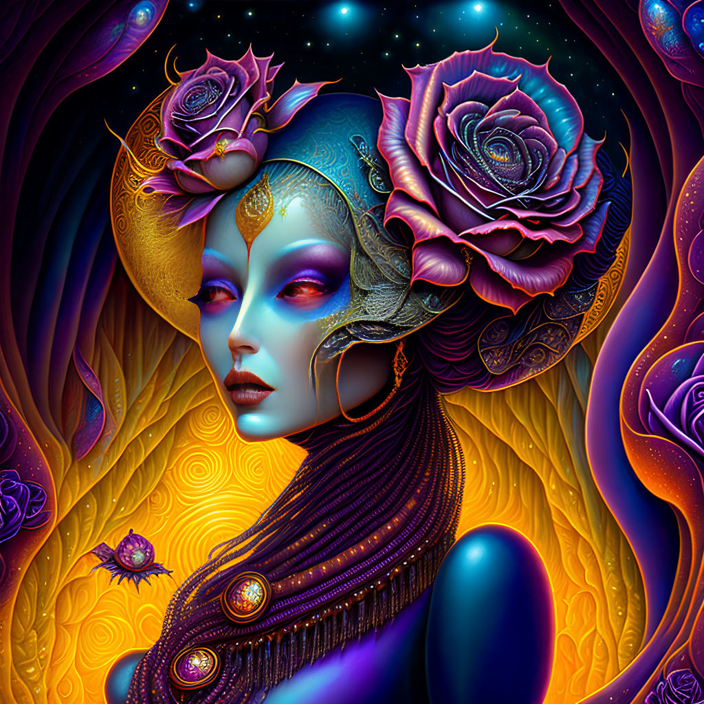 Blue-skinned female figure with rose adornments on a cosmic background.