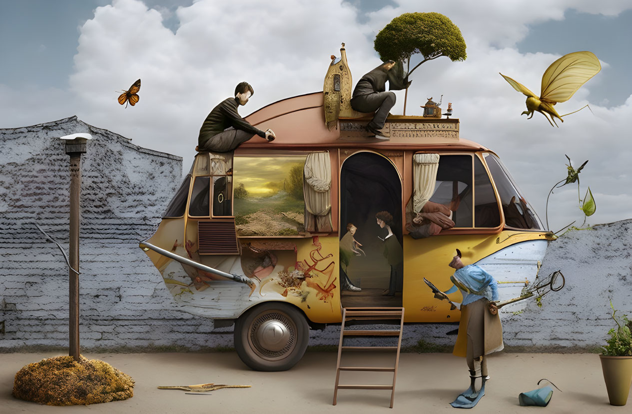 Surreal scene: People around whimsical van-house with tree and oversized insects