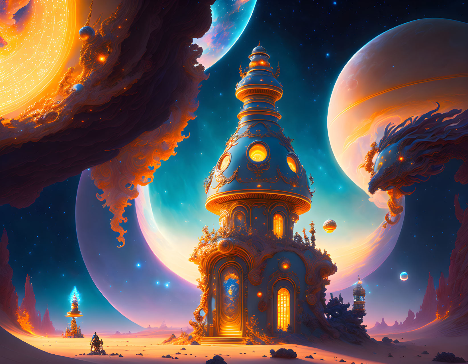 Vibrant sci-fi landscape with ornate towers and celestial backdrop