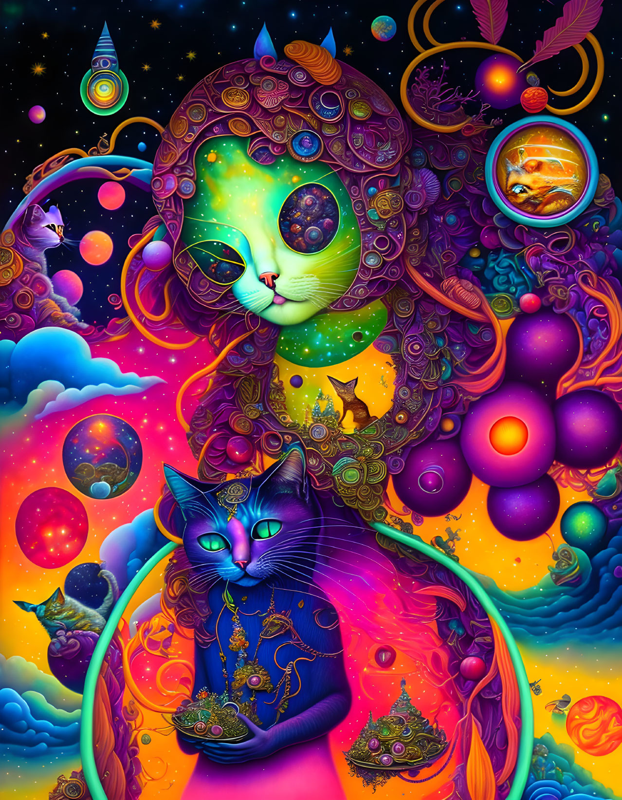 Colorful psychedelic cats in cosmic landscape