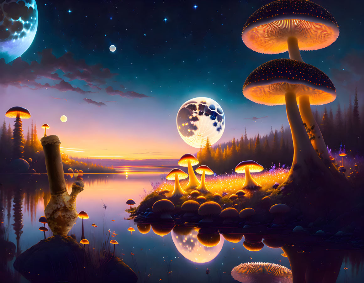 Fantastical Landscape with Glowing Mushrooms by Tranquil Lake