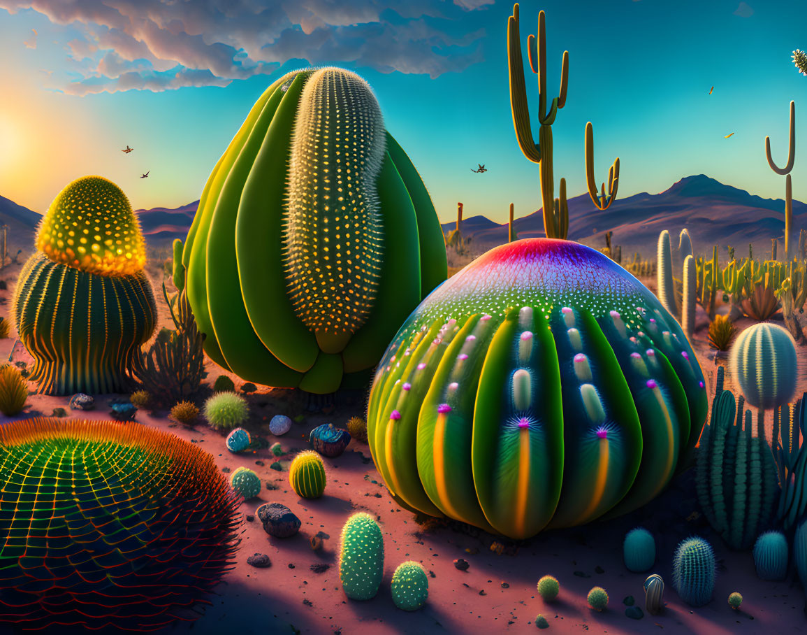 Colorful surreal desert landscape with oversized cacti and sunset sky