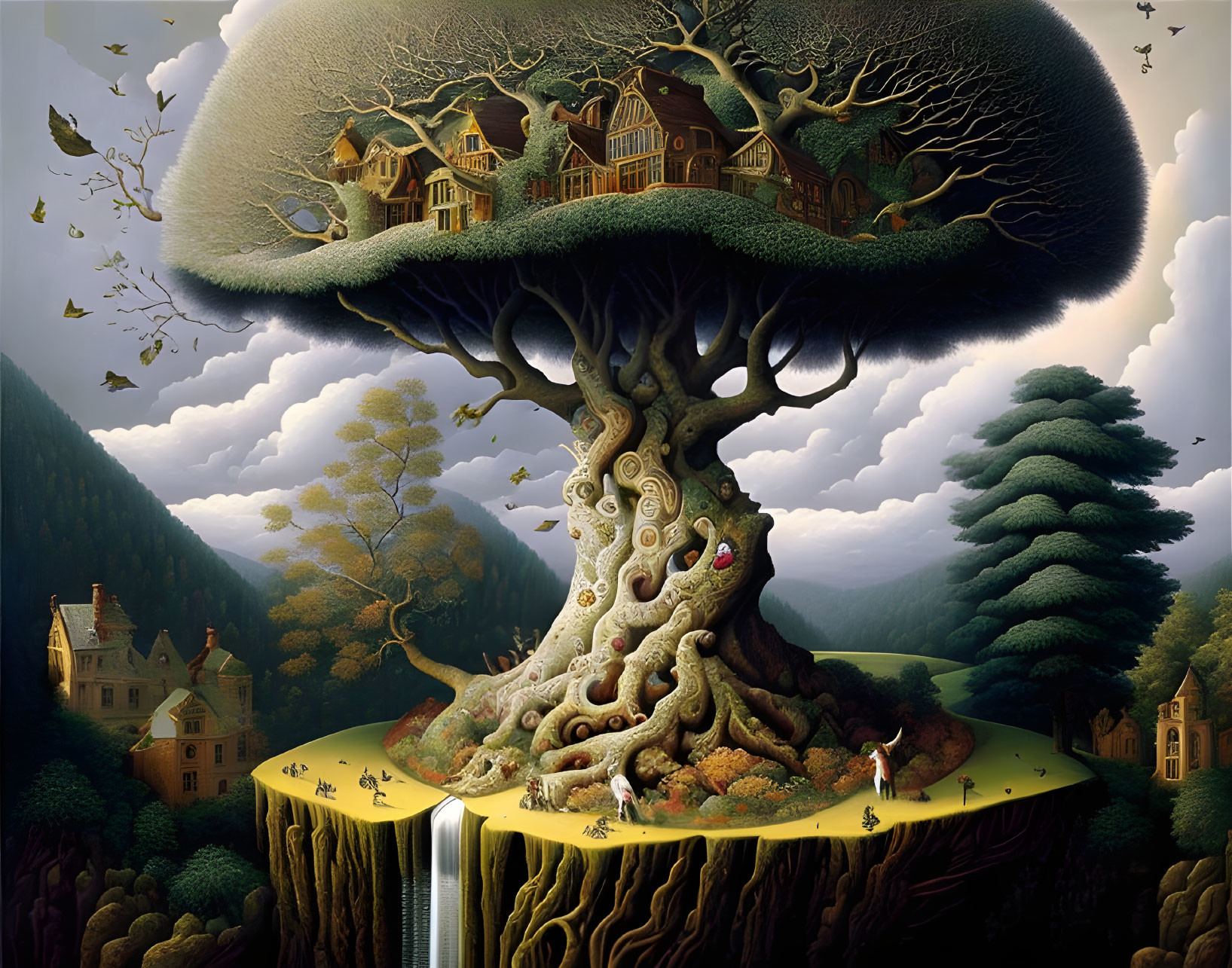 Surreal artwork of giant tree with houses on floating island