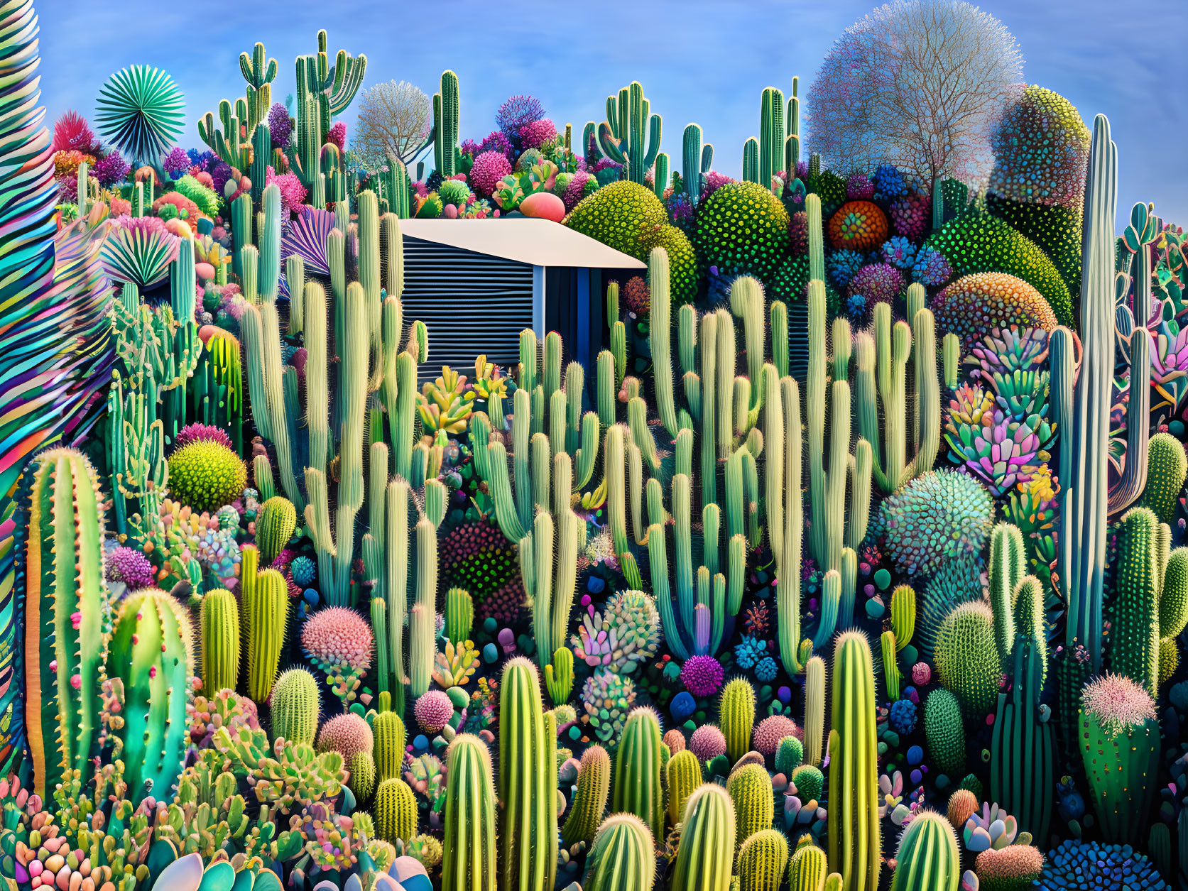 Colorful Cactus Garden Illustration Under Blue Sky