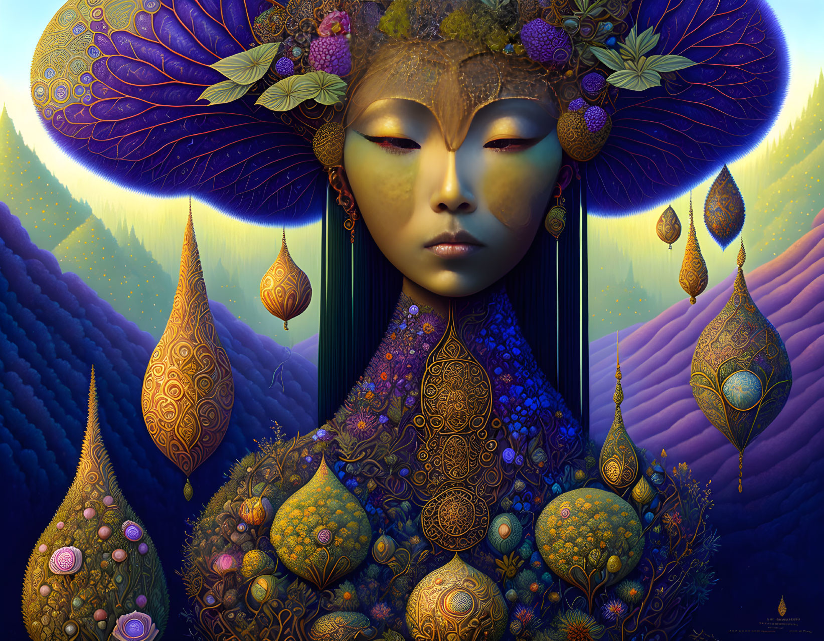 Surreal artwork: Female figure with ornate, nature-inspired headdress amid floating islands.