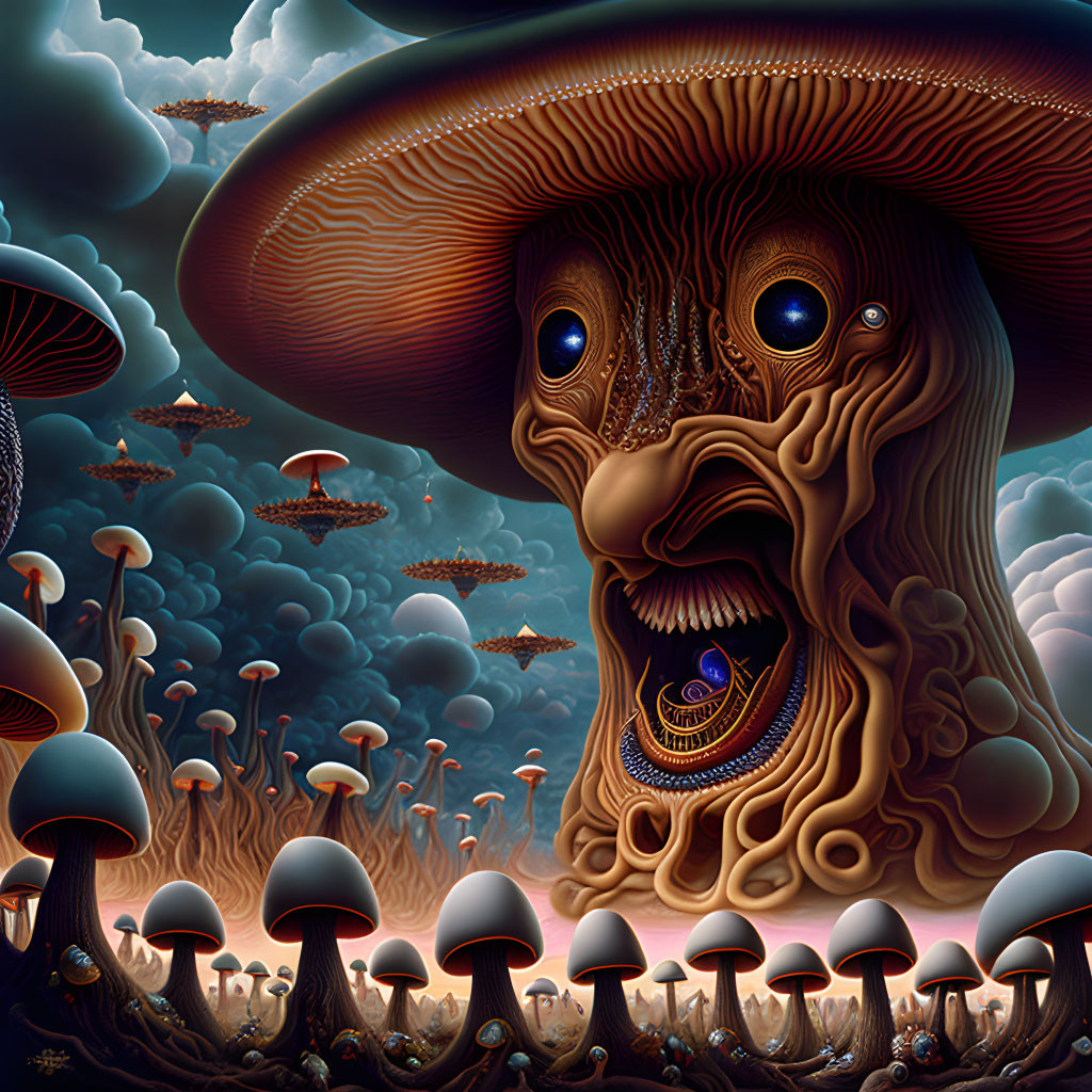 Surreal landscape featuring giant mushroom entity with detailed facial features