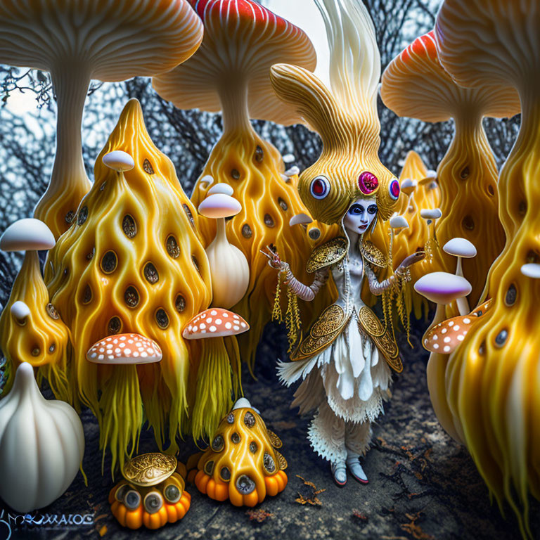 Person in White and Gold Attire Surrounded by Oversized Mushrooms in Surreal Forest