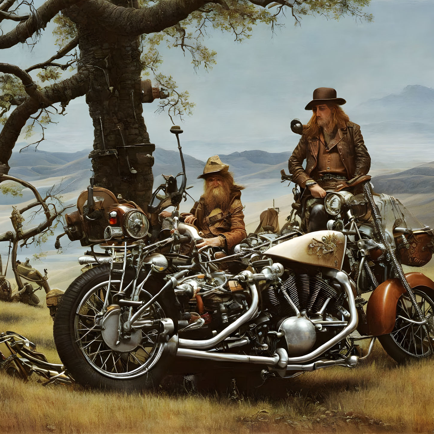 Vintage Attired Men with Motorcycles in Post-Apocalyptic Landscape