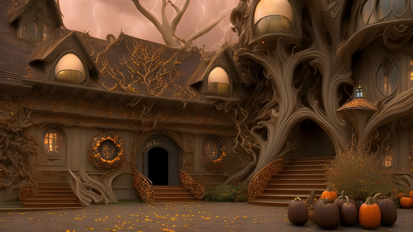 Spooky Halloween-themed house with twisted trees and pumpkins