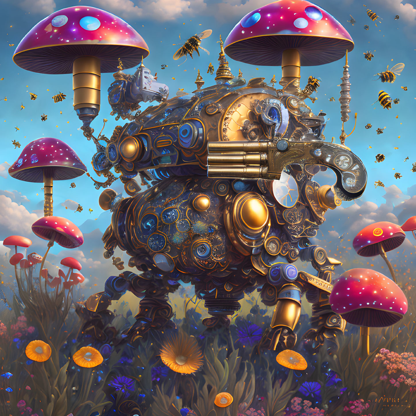 Steampunk turtle with mechanical features in a colorful meadow with floating mushrooms and bees