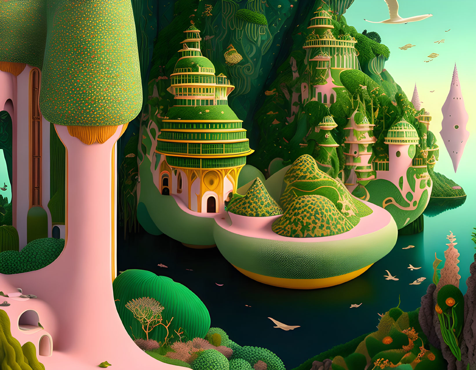 Colorful fantasy landscape with stylized trees, ornate buildings, and floating land masses.