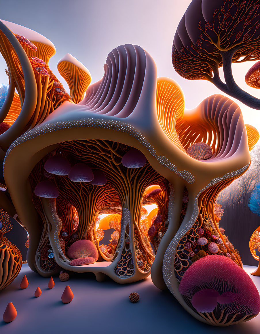 Surreal digital artwork of intricate mushroom-like structures