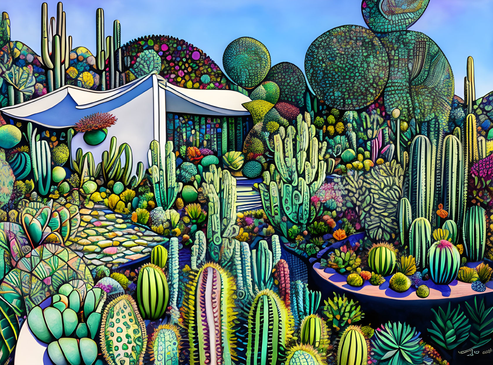 Colorful illustration of cactus garden with canopy tent