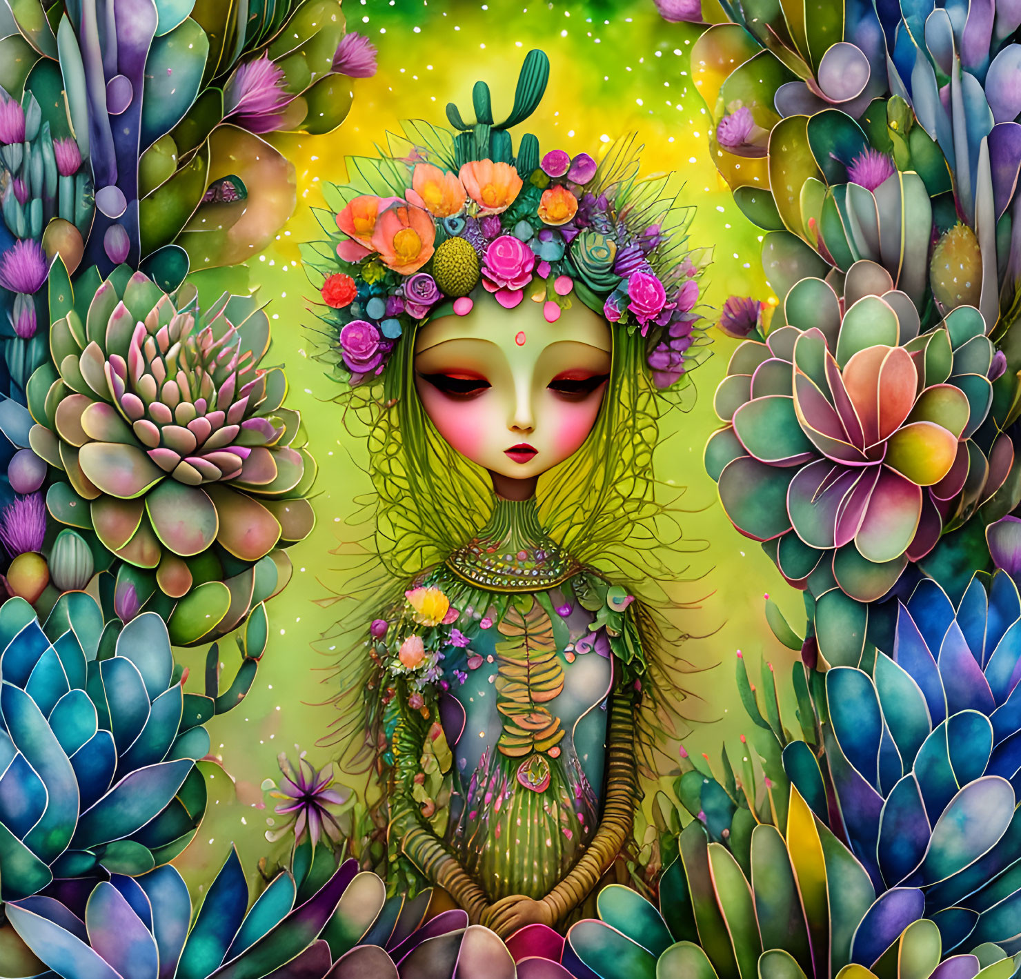 Colorful Floral Crown on Green-Skinned Female Figure in Whimsical Setting