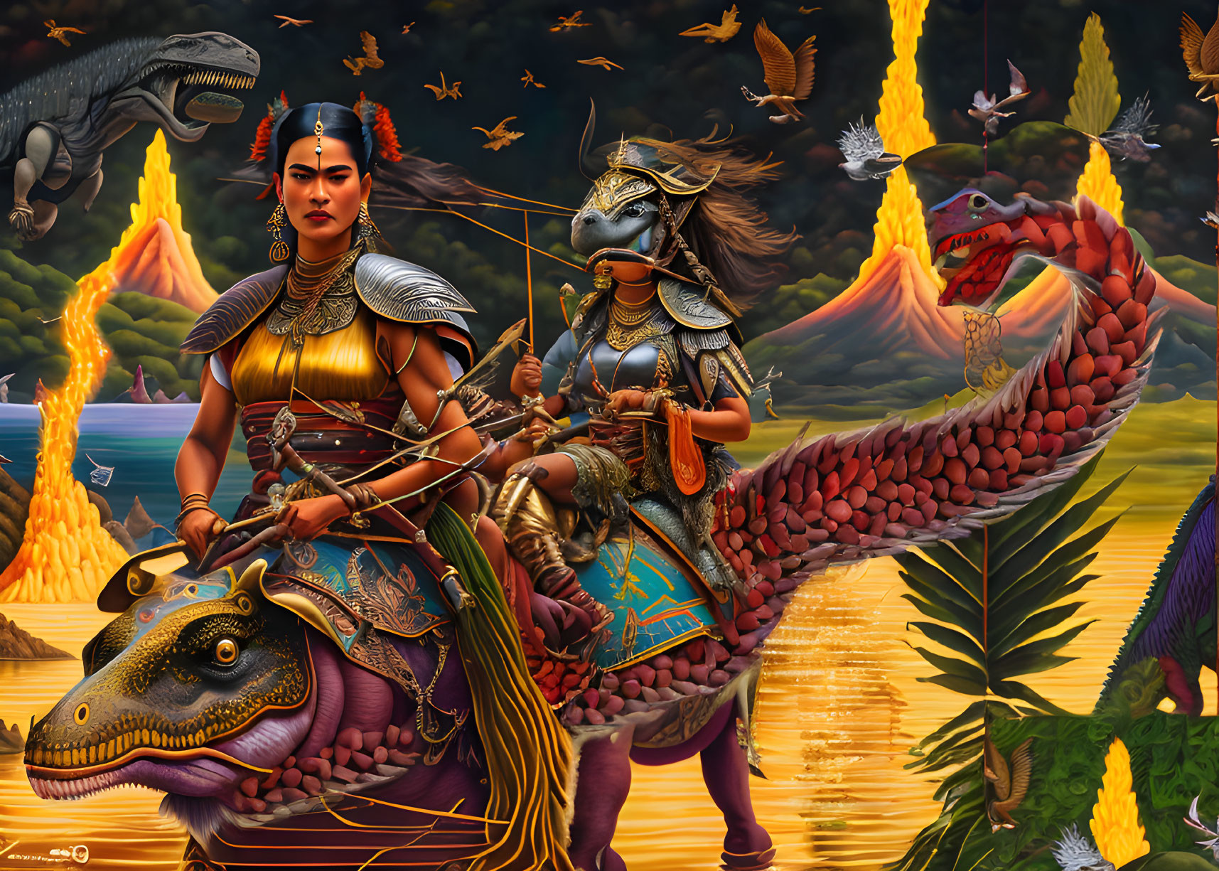 Warrior woman on dinosaur in fantastical landscape