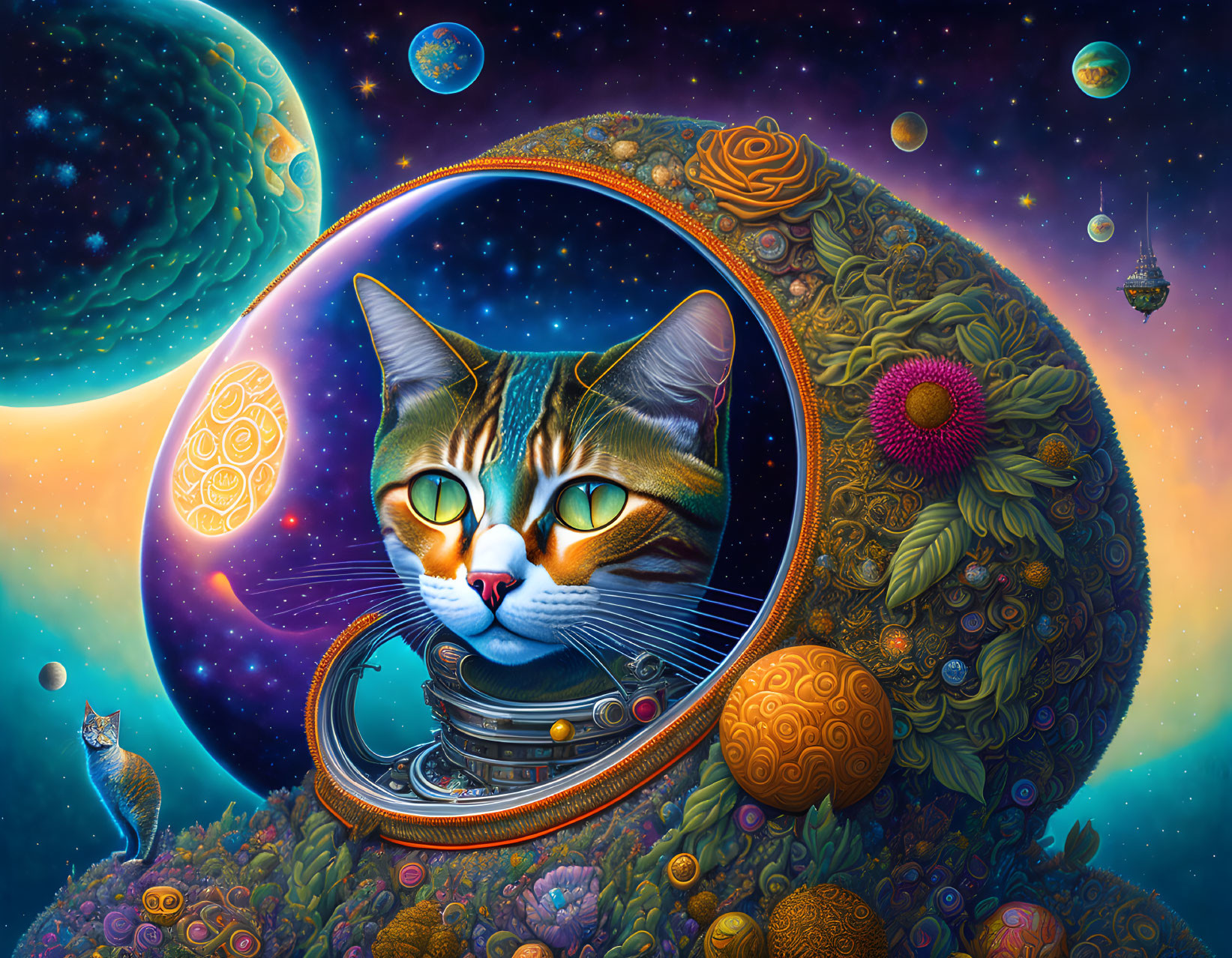 Colorful Cosmic Landscape with Cat's Head in Space Helmet surrounded by Planets and Moons