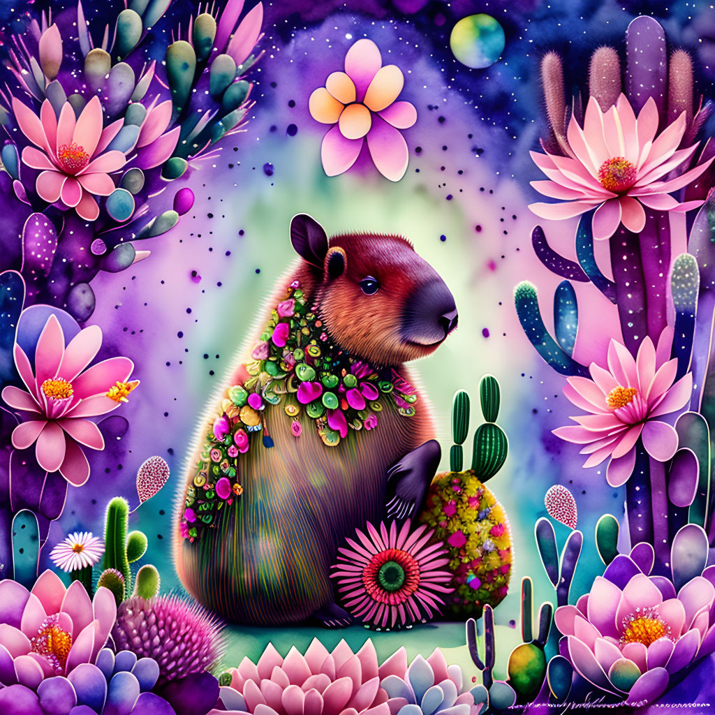 Colorful Capybara Surrounded by Flowers and Cacti at Night