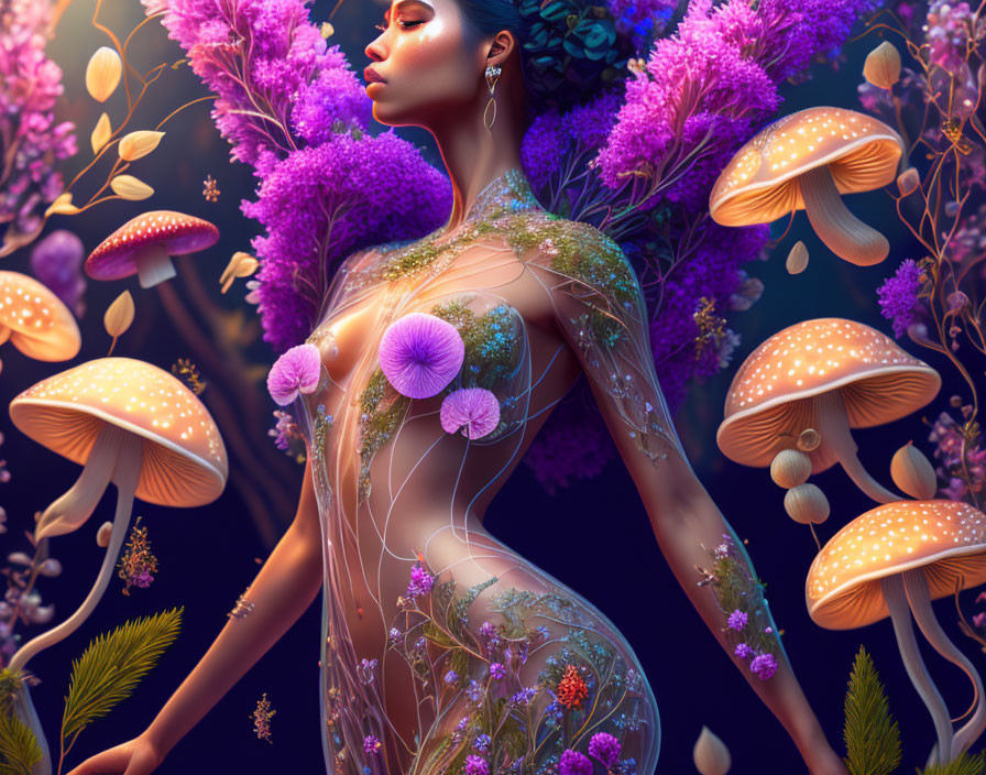 Digital artwork: Woman with translucent skin, floral and mushroom motifs on mystical purple backdrop