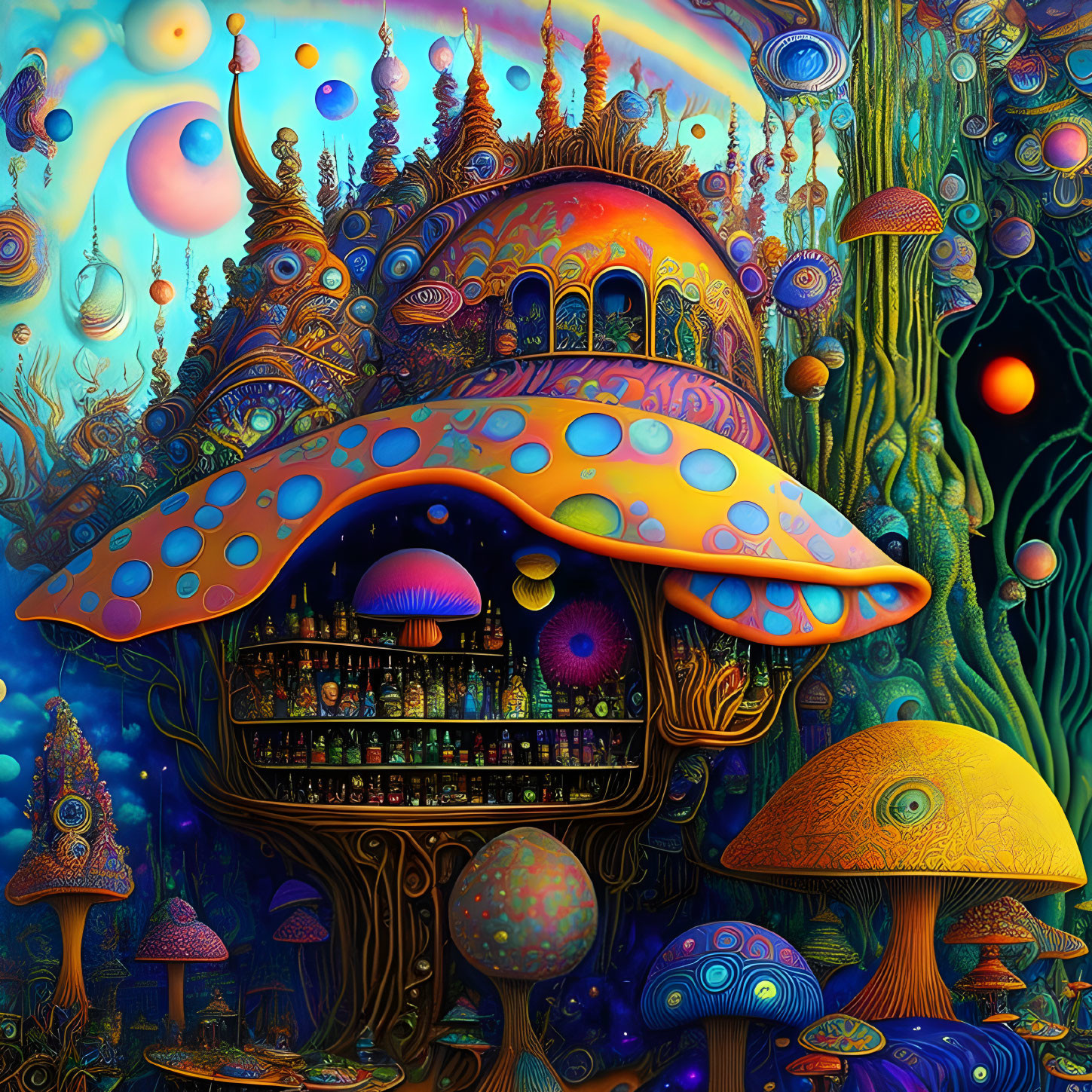 Colorful Psychedelic Forest Illustration with Mushroom Structures