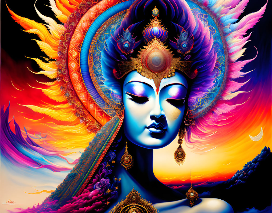 Colorful artwork featuring serene female figure with intricate adornments and majestic aura